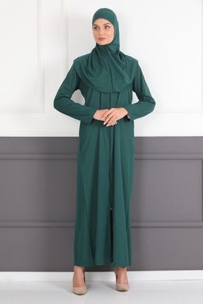 Feyza Fashion Kadın Fermuarlı Kolay Giyilebilen Tek Parça Namaz Elbisesi Zümrüt Yeşili 7003