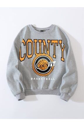 Kadın Gri Oversize County Baskılı Sweatshirt afro-gcounty1