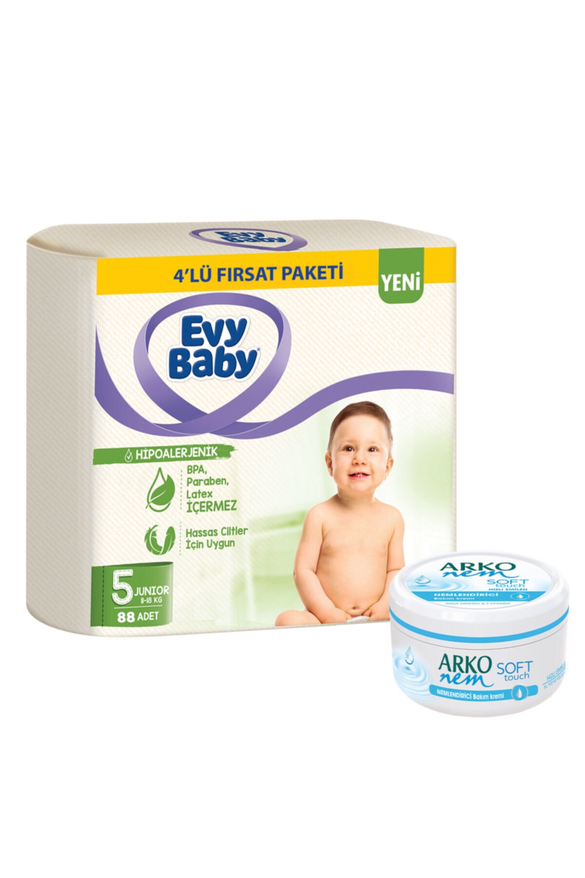 Evy Baby Bebek Bezi 5 Beden Mini 4'lü Fırsat Paketi 88 Adet+Soft Touch Krem