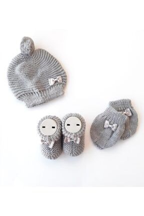 Bebek 3lü Patik Şapka Eldiven Takımı - Gri Bebek3luTakım