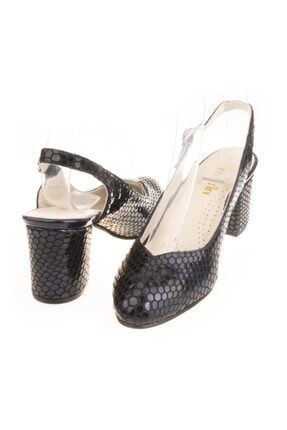 Kadın Yılan Derisi Görünümlü Lacivert Klasik Topuklu Ayakkabı P-00755