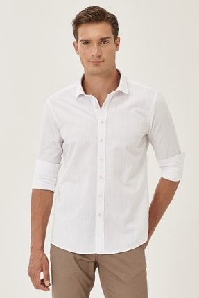 Erkek Beyaz Slim Fit Dar Kesim Klasik Yaka %100 Pamuk Çizgili Gömlek 4A2021200049
