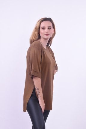 Kadın Kahverengi Katlama Kollu Asimetrik Örme Penye T-shirt TQ2512