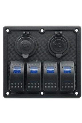4'lü Mavi Işıklı Usb+çakmaklık Sigortalı Karavan Paneli 4-USB