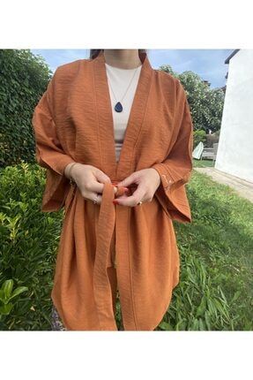 Kiremit Turuncu Basic Oversize Baskısız Dokuma Kadın Erkek Kimono KMNOOO