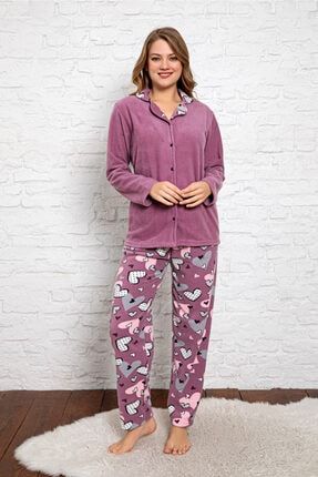 Bayan Kışlık Welsoft Peluş İnci Polar Düğmeli Yılbaşı Pijama Takımı 'İpeksi Doku' 9030