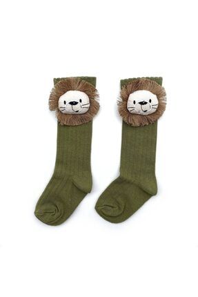 Kız / Erkek Bebek Aslan Figürlü 3d Aksesuarlı Haki Yeşil Renk Çorap SOC-LIO