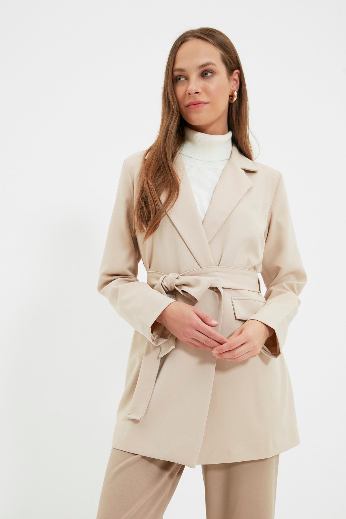 TRENDYOL MODEST Beige Belted Pocket Detailed Blazer Woven Jacket