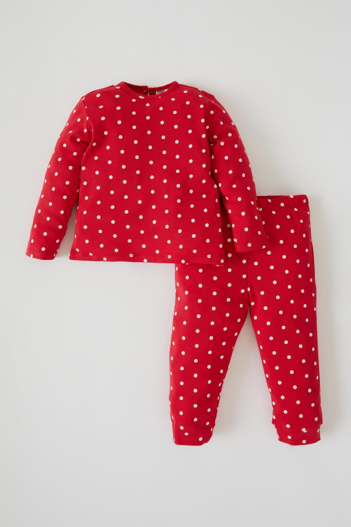Kız Bebek Puantiye Desenli Yılbaşı Temalı Pamuklu Uzun Kollu Pijama Takım