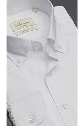 Beyaz Slim Fit Yaka Düğmeli Uzun Kollu Dokulu Cepsiz Gömlek 480-0504