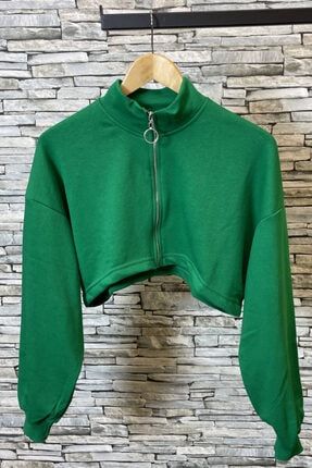 Zümrüt Yeşili Fermuarlı Kısa Sweatshirt zck0357