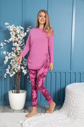 Kadın Batik Desenli Yandan Bağlamalı Büzgülü Tunik Ve Taytlı Pijama Takımı 28317