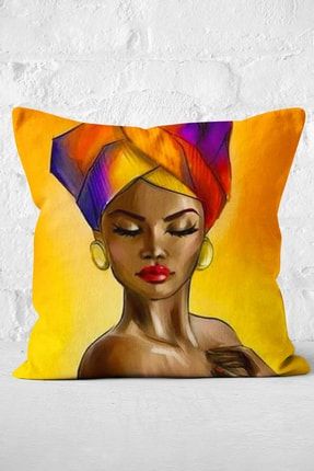 Afrikalı Kadın Çizimi Dijital Baskılı Dekoratif Yastık Kırlent Kılıfı NshPtk-KAfrikaKadin
