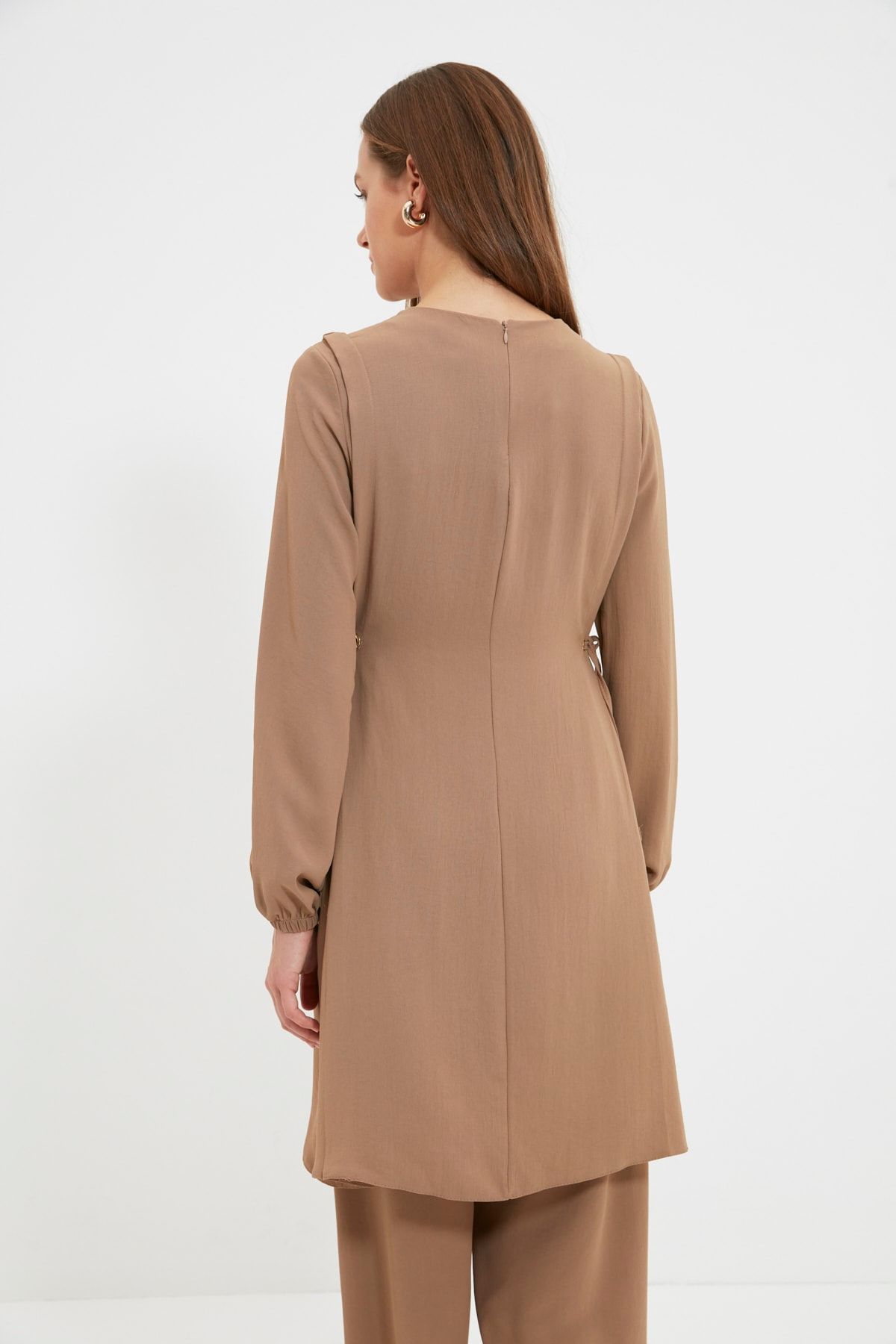Trendyol Modest Camel Kuşgözü Bağlama Detaylı Aerobin Tunik-Pantolon Takım TCTAW22US0092 RN11133