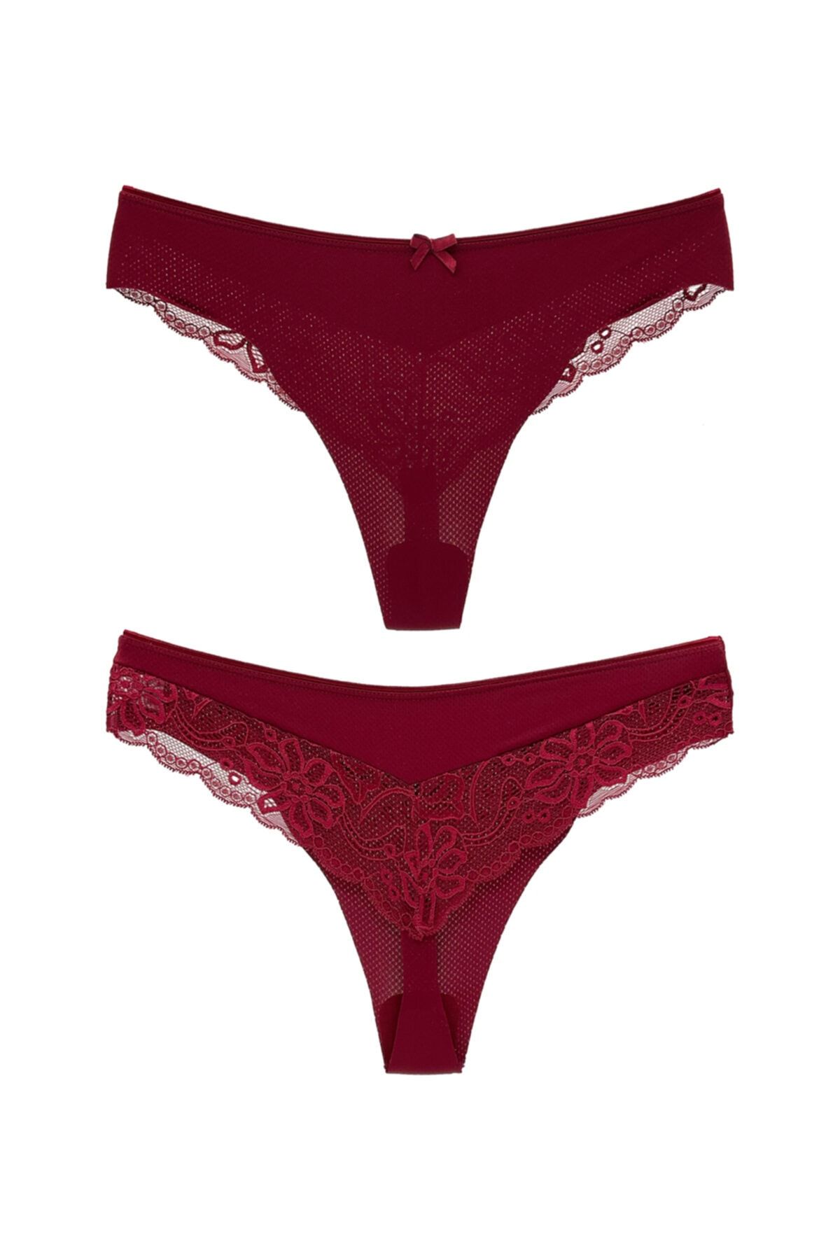 HNX 2-Piece Micro Fabric Laser Cut Lace Detailed String Thong