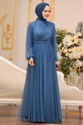 Tesettürlü Abiye Elbise - Inci Detaylı Indigo Mavisi Tesettür Abiye Elbise 5514ım ARM-5514