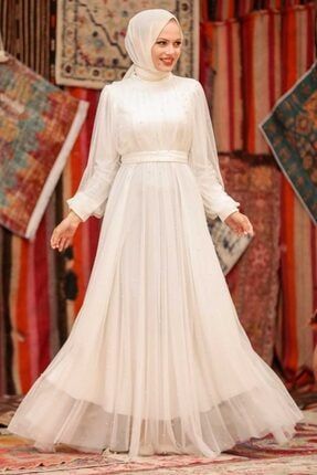 Tesettürlü Abiye Elbise - Inci Detaylı Beyaz Tesettür Abiye Elbise 50080b PPL-50080