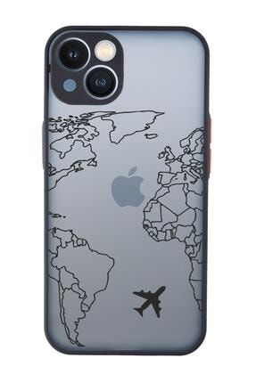 Iphone 13 Uyumlu World Map Lines Desenli Kamera Korumalı Buzlu Şeffaf Lüx Telefon Kılıfı MCIP13LUXDSN281409
