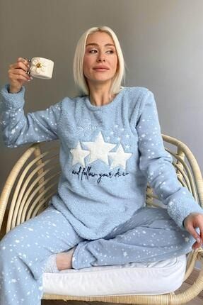 Mavi Feel Stars Queen Desenli Kadın Peluş Pijama Takımı 2212