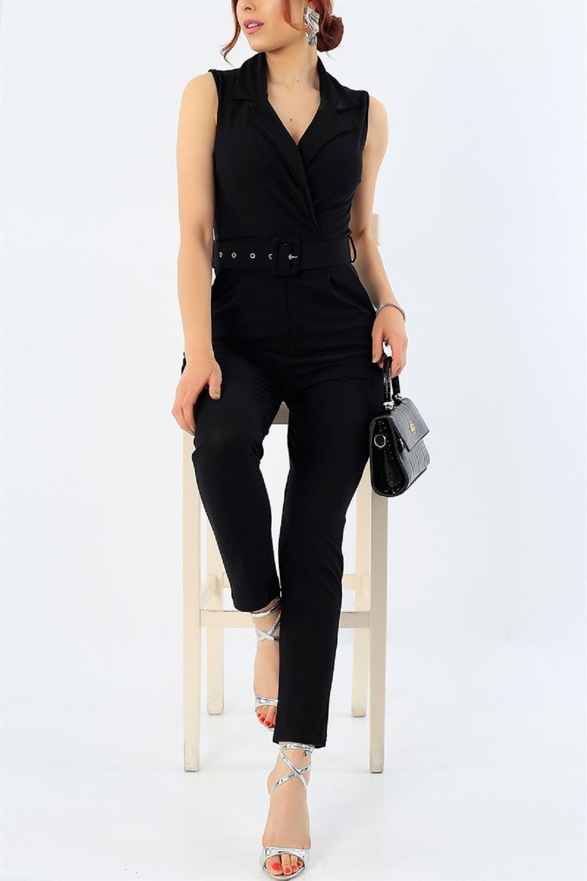 lovebox Belt Gift Jacket Collar Pocket Detailed Sleeveless Black Jumpsuit 32044