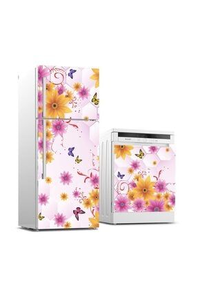Buzdolabı Ve Bulaşık Makinası Beyaz Eşya Sticker Kaplama Kelebek Çiçekler BB-TK-264