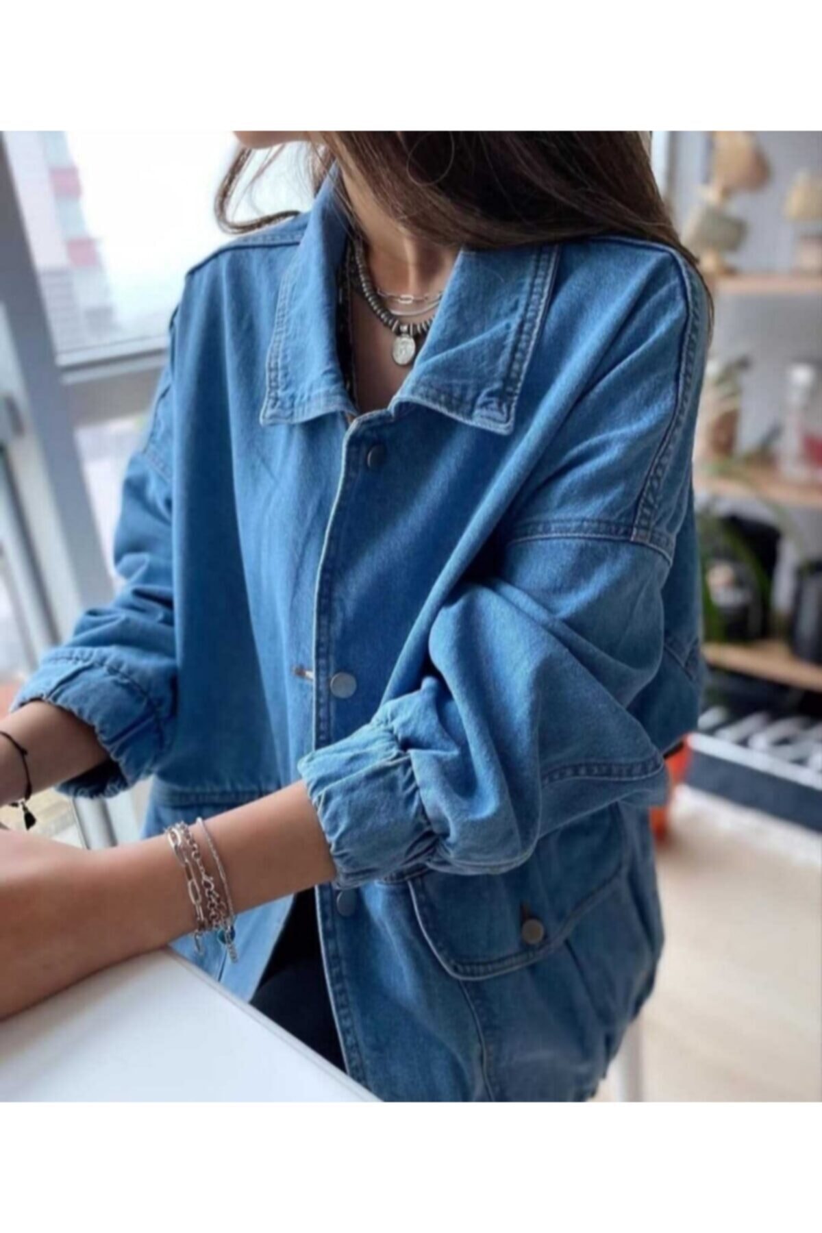 ozzıy34  Kadın Mavi Kot Ceket Oversize - Görsel 5