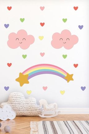 Sevimli Bulutlar Gökkuşağı Ve Kalpler Çocuk Odası Duvar Sticker 78866