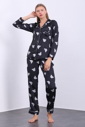 Kadın Siyah Kafa İpeksi Şifon Saten Pijama Takımı EVRM-1257