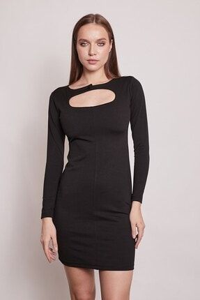 Geniş Sıfır Yaka Uzun Kol Diz Altı Likralı Kumaş Elbise-siyah 50108