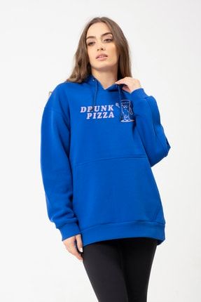 Eazy Drunk Pizza Oversize Unisex Saks Mavi Kapüşonlu Yaka Sweatshirt Eazy 7033