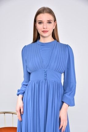 Kadın Düğme Ve Şifon Detaylı Mavi Abiye Elbise frc240
