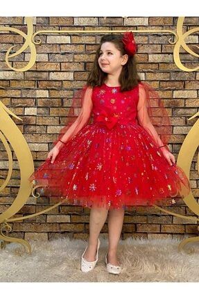 Kız Çocuk Kartanesi Baskılı Kırmızı Renk Abiye Elbise TYC00267378296