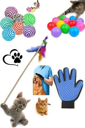 Kedi Köpek Tüy Toplayıcı Eldiven , Renkli Oyun Topu , Sarma Top , Oyun Oltası 50 Cm Avantaj Seti 0000252025