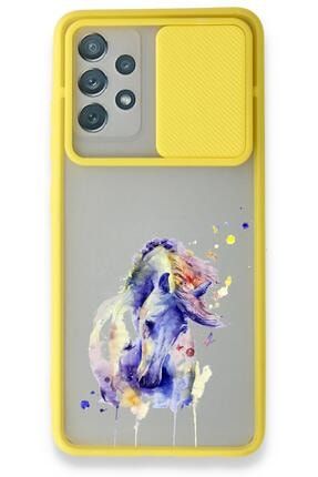 Samsung Galaxy A52 Kılıf Sürgülü Kamera Korumalı Sarı Hd Baskılı Kılıf - Horse Love gmsm-a52-v-398