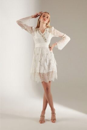 Kadın Beyaz İşlemeli Dantelli Elbise 5110