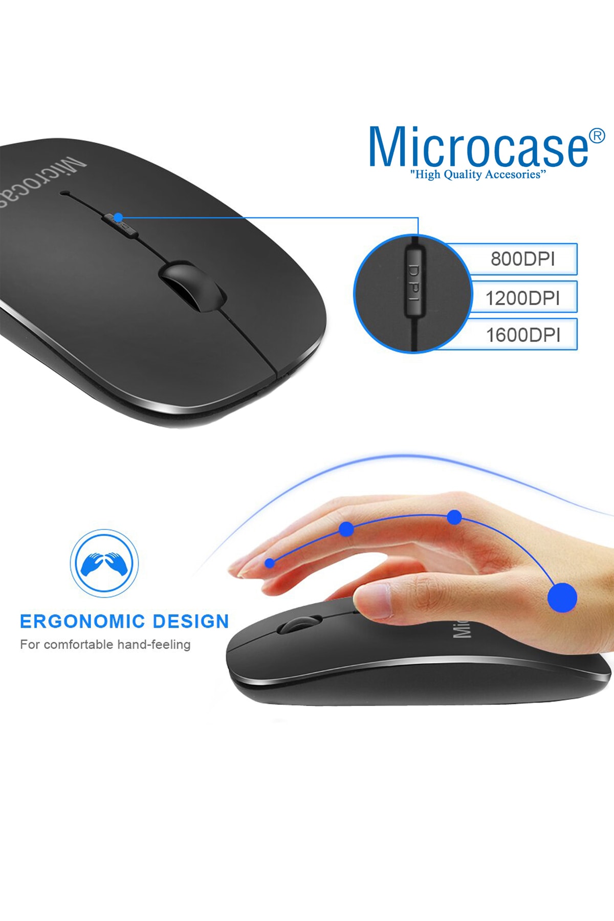 800-1200-1600 Dpı Bluetooth Kablosuz Mouse - Al2722 Siyah 5