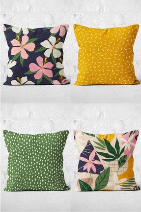 4'lü Renkli Zemin Üzerinde Yaprak Desenli Modern Yastık Kırlent Kılıf Seti NshPtkSet453