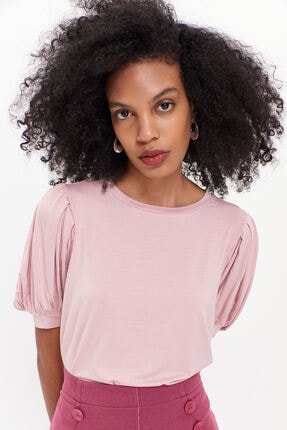 Hanna's Kadın Somon Balon Kollu Bisiklet Yakalı Örme T-shirt