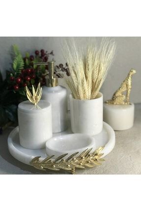 Dekoratif Beyaz Mermer Altın Zeytin Dalı Detaylı 5'li Banyo Seti Takımı BEYAZDALBANYO5