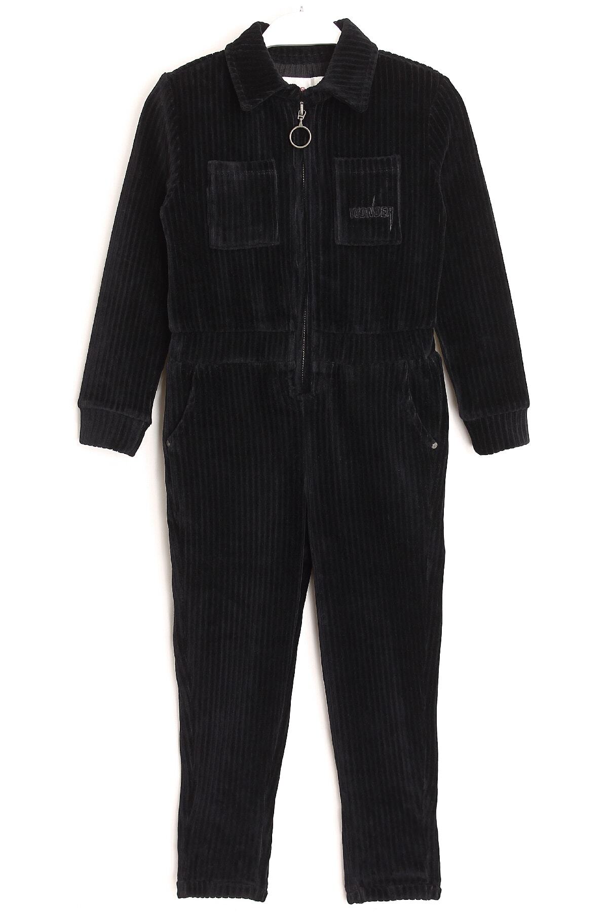 Girls' Shirt Collar Velvet Jumpsuit