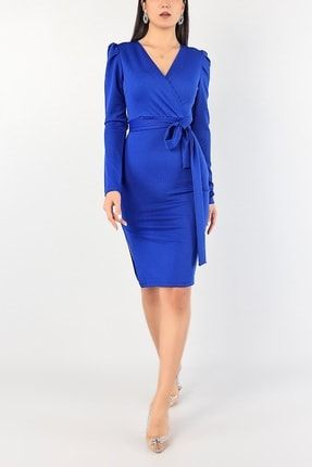 Kadın Krep Kumaş Kruvaze Yaka Kuşak Detaylı Uzun Kollu Mavi Kısa Abiye Elbise 4S1B-EMR-107