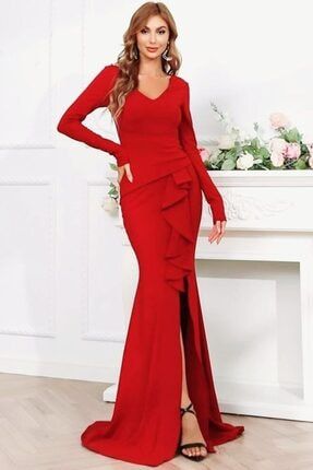 Kadın Kırmızı Esnek Krep Kumaş V Yaka Uzun Kollu Yırtmaç Detaylı Abiye&mezuniyet Elbisesi 099 EMR-099