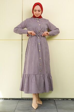 Boydan Düğmeli Bel Büzgülü Kareli Tesettür Elbise Bordo 121M00500044011