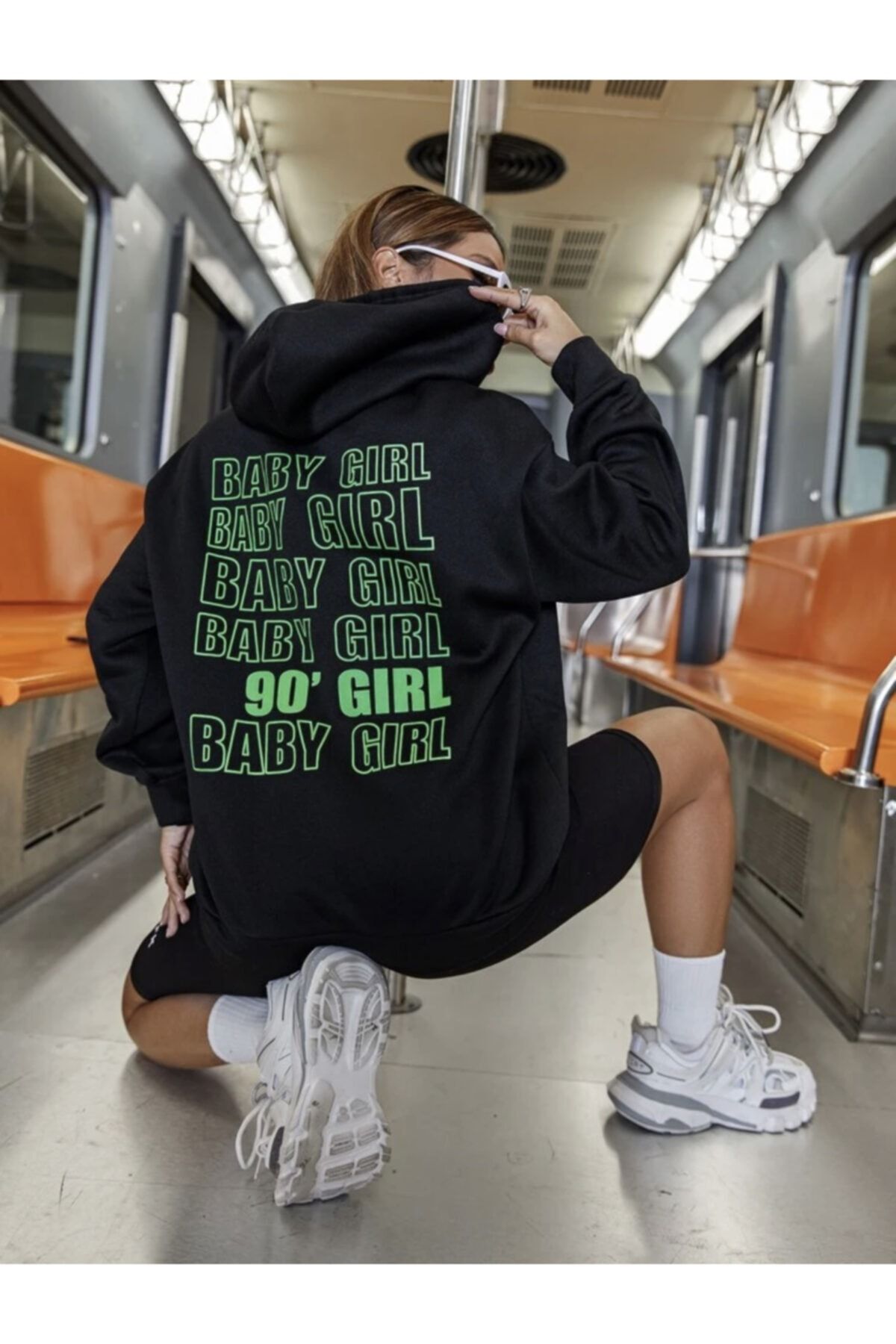 LAPS Women s Black Baby Girl 90 s Hooded Sweatshirt Trendyol