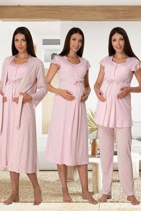Kadın Pembe Hamile Lohusa Sabahlıklı Gecelik Ve Pijama Takım Set B6016EF