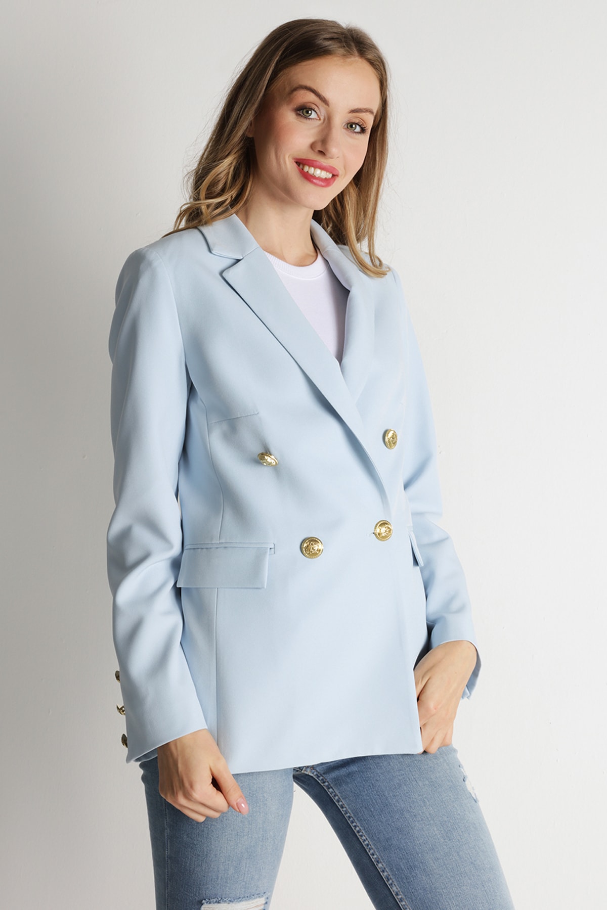 Select Moda  Kadın Mavi Gold Düğmeli Blazer Ceket - Görsel 2