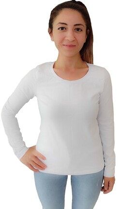 Kadın Beyaz Basic Likralı Uzun Kollu Tişört modernuzunkol011