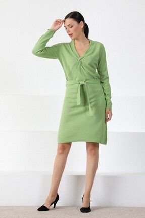Kadın Fıstık Yeşili V Yaka Kuşaklı Triko Elbise FR-0092-V