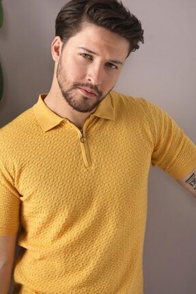 Sarı Polo Yaka Fermuarlı %100 Pamuk Erkek Triko T-shirt 4135-KF