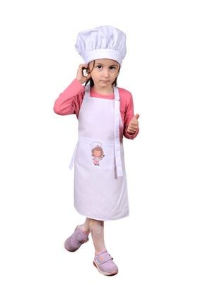 Çocuk Mutfak Önlüğü Şapkalı Beyaz Baskı Desenli Art2 M1034